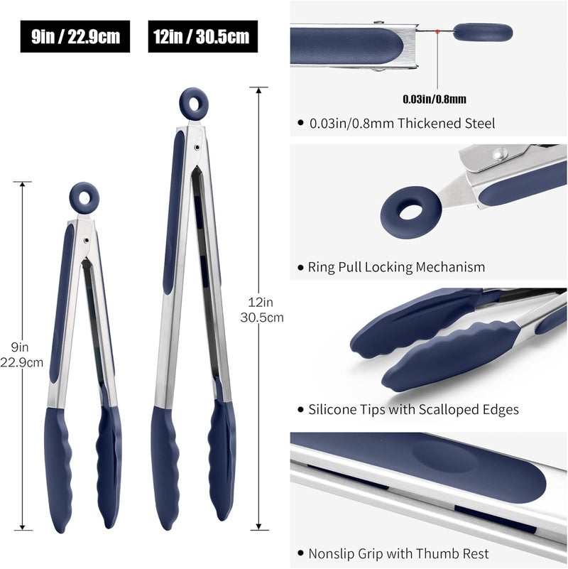 Doosu Kitchen Tongs for Cooking - 600°F Heat Resistant Food Tong Set with Non-Scratch Silicone Tips, Heavy Duty Stainless Steel Locking Tong for BBQ, Grilling Steak, Serving Salad (9+12in, Navy Blue) - Image 2